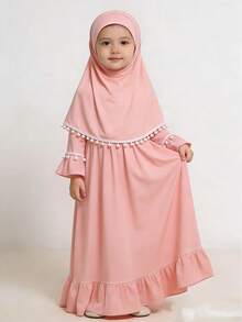 2 piezas Conjunto de vestido musulmán para niñas - Vestido de unicolor de manga larga + Pañuelo para la cabeza - Caqui - Ver 3