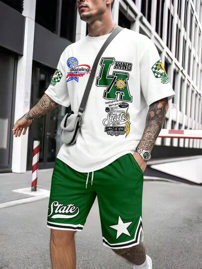 Men's Street Casual Loose Crew Neck Short Sleeve Top And Shorts Set