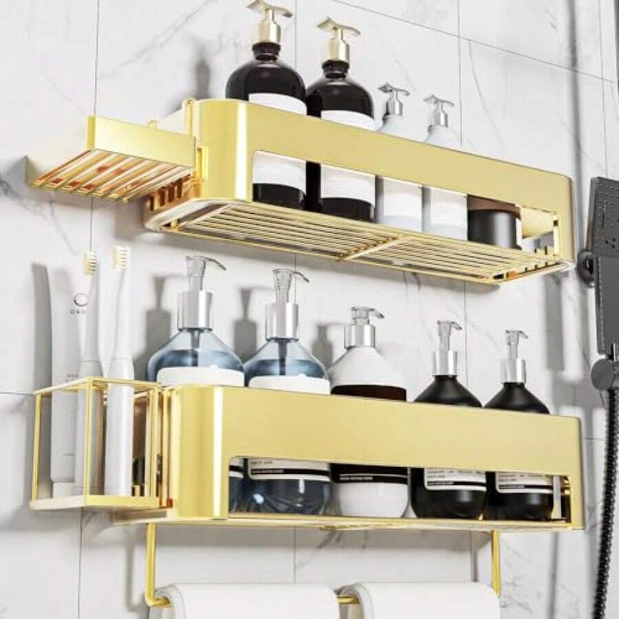 4 Pack Shower Caddy Shower Shelf No Drilling 15.15in Large Capacity Bathroom Organiser Storage Rustproof Bathroom Accessory Gold - 金色 - 查看 1