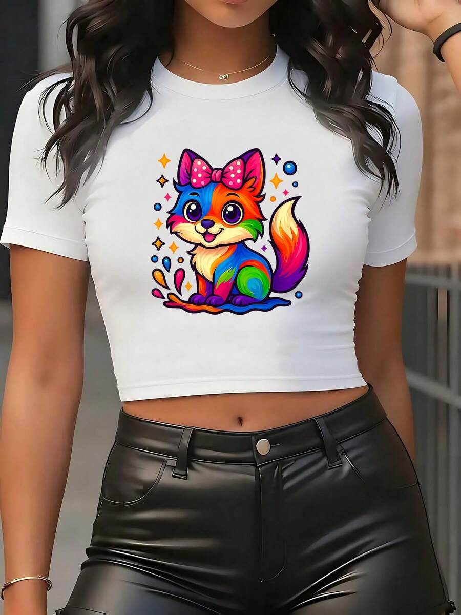 Colorful Rainbow Fox Funny Fox Graphic Womenconcise, Casual Cropped T-Shirt, Lightweight And Easy To Style, Designed For Everyday Wear With A Focus On Comfort. - 白色 - 查看 1