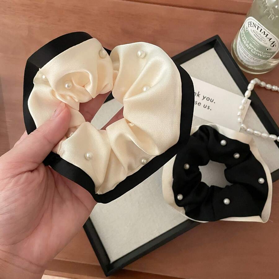 Fashion BM Sweet Scrunchie High-End Style Fat Scrunchie Hair Tie Hair Accessory Hair Rope Rivet Light Luxury Hair Ornament - 米色 - 查看 1
