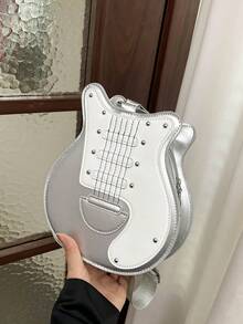 1pc Fashion Guitar Shaped Crossbody Bag | Versatile Colorblock, Adjustable Shoulder Strap Sling Bag | Polyester Lining | Zipper Closure - Multicolor - View 5