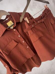 Marrant Women's Set | Three-Quarter Sleeve Shirt And Skort | Faux Pockets | With Belt - 駝色 - 查看 2