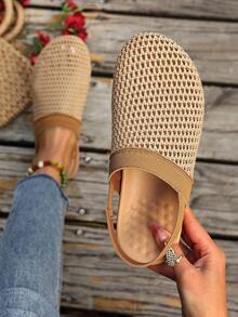 驼色拼接网眼后跟绑带踝带欧美风女凉鞋，双层鞋底圆头休闲百搭夏季透气度假沙滩时尚凉鞋，通勤日常穿着皆宜。 - 駝色 - 查看 7