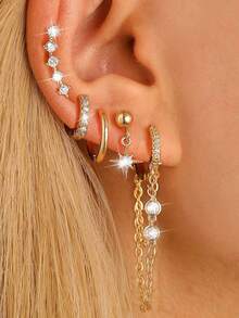 4-7pcs Gold Tone Earring Set, Delicate Stud Earrings, Small 14K Gold Plated Hypoallergenic Dangle Earrings, Ear Cuffs, Women's Gold Jewelry, Gift For Her, Christmas & New Year Gift - Gold - View 1