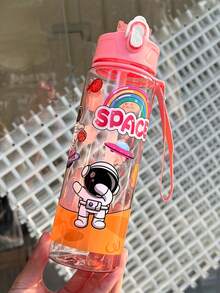 1个750毫升/26盎司可爱卡通宇航员主题塑料吸管水瓶，带提手，防漏瓶口，便携耐用，倒置防溢，适合跑步、骑行、旅行、节日和生日礼物