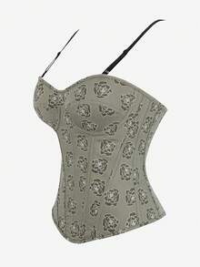紧身胸衣上衣，配有可调节细肩带，花卉印花腰部训练紧身胸衣，适合女士修身塑身衬衫，适合晚会或舞会 - 灰色 - 查看 2