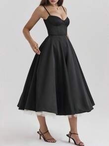 Women's Double-Layer Lace Slip Dress, Sexy Slim-Fit Spaghetti Strap Bodycon Dress With Ruffle Trim For Party, Club & Night Out Wear - màu đen - Xem 9