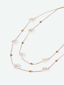 Opalesca 1pc Stainless Steel Double Layer Pearl Patchwork Necklace, Suitable For Women Daily Outfit & Gift - Multicolor - View 5