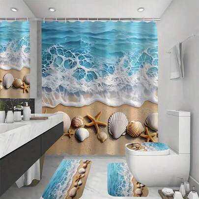 1/4pcs Set, Beach Theme Shower Curtain And Non-Slip Mat Set - Ocean Wave Design, For Bathroom Decor, Elegant And Practical Home Decor Gift