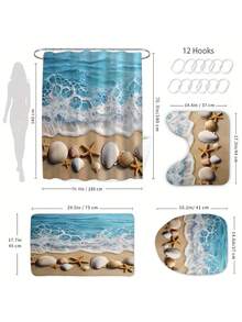 1/4 piezas Juego de cortina de ducha y alfombra antideslizante con diseño de olas oceánicas, para decoración de baño, un regalo de decoración del hogar elegante y práctico - Multicolor - Ver 5