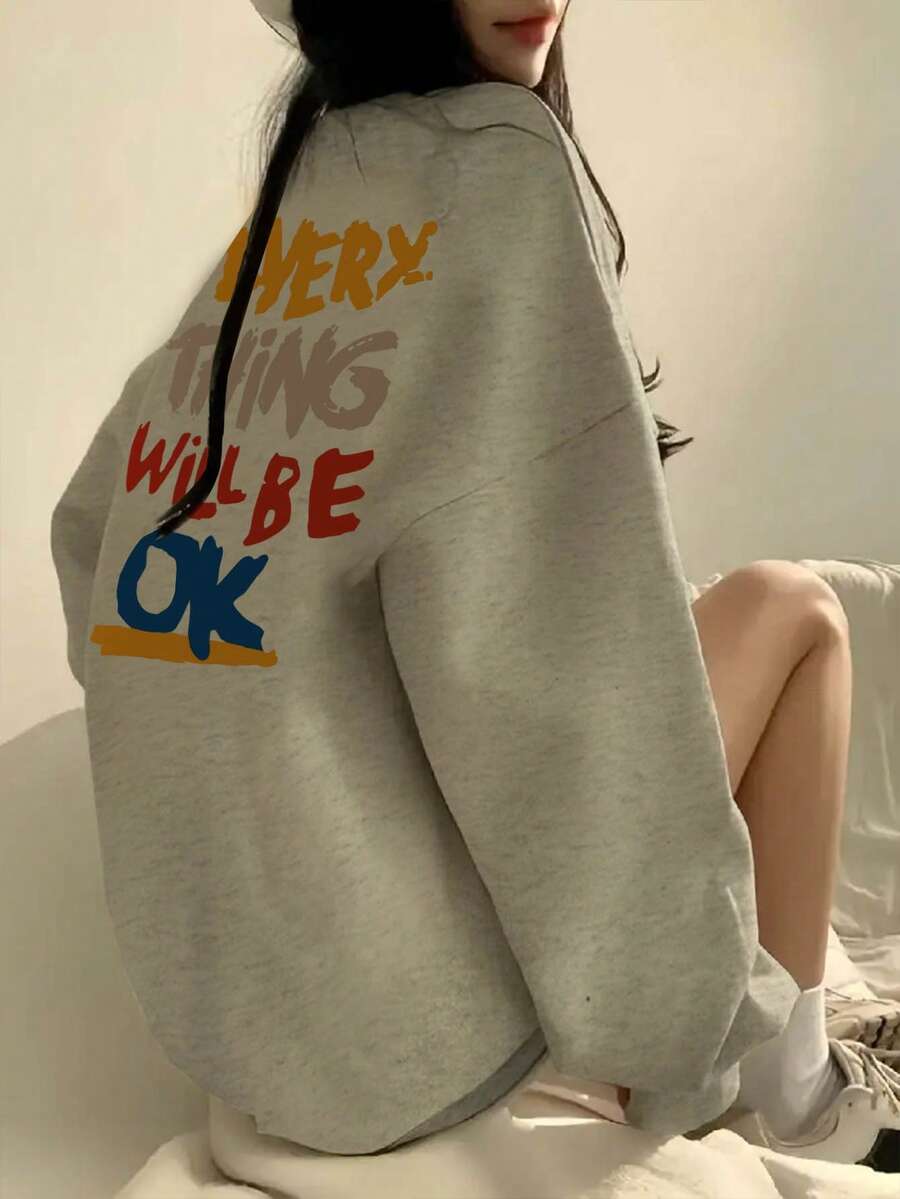 Women's Gray Simple Personalized Versatile Letter Print Loose Casual Comfortable Home Daily Commute Back To School Christmas New Year Round Neck Long Sleeve Sweatshirt, Autumn/Winter Spring - Grey - View 1