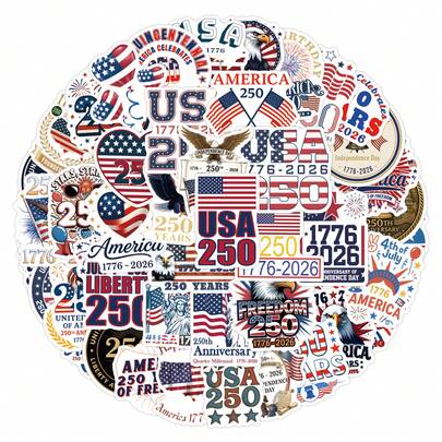 55 piezas Pegatinas del 250 aniversario de los Estados Unidos - Pegatinas autoadhesivas no pegajosas reutilizables con forma asimétrica, adecuadas para álbumes, cuadernos, portátiles, coches, botellas de agua, teléfonos, etc. - Disponible en varios colores, compatible con superficies de plástico, una excelente opción de regalo