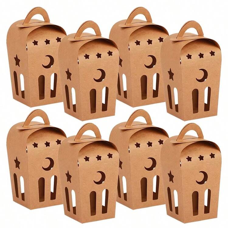 10 st Eid Mubarak presentaskar, halvmåne ihåliga vikbara pappersaskar, islamiska Ramadan-styrka pappersgodis-kakförpackningsaskar med handtag, Ramadan presentaskar, lämpliga för födelsedag, bröllop, Ramadan, festpresenter | Ljusbrun - Multifärgad - Visa 13