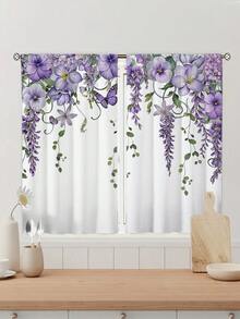 2pcs Purple Floral Butterfly Lavender Print Kitchen Window Curtain,Without Holes Curtain,Refer To Bedroom Office Kitchen Living Room Study Home Decor - Multicolor - View 4