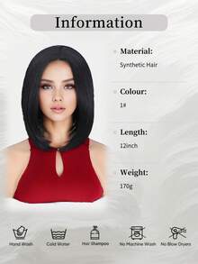 Music Festival 12 Inch Synthetic Straight Wig Short Straight Hair No Bangs Synthetic Wig Extensions Hair Black Color Easy To Wear Suitable For Women Daily Holiday Party Wear - Black - View 3