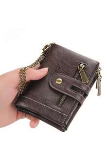 Men's Retro Wallet, New Short Faux Leather Multi-Card Slots Double Zipper Bank Card Holder - Coffee - View 8