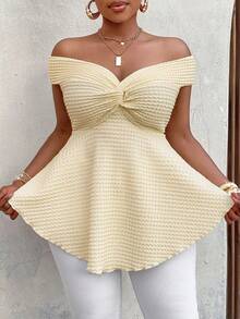 BIUBIU Damska dzianinowa bluzka na jedno ramię w dużym rozmiarze z falbaną u dołu, krótkim rękawem odsłaniającym ramiona, asymetrycznym, regularnym krojem - Szampan - Zobacz 3