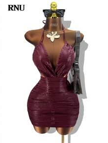 RNU 女士酒红色露背蝴蝶结性感露背优雅深V领修身鳄鱼纹连衣裙，适合约会、夜店、街头、情人节、狂欢节、新年、生日、春夏等场合。 - 酒紅色 - 查看 8