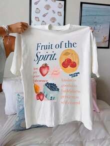 Shirt Women's Fruit Print Round Neck T-Shirt - Soft Casual Short Sleeve Top With Inspirational "Fruit Of The Spirit" Design, Vibrant Strawberry Blueberry Lemon Graphics, Machine Washable Regular Fit For Casual Attire, T-Shirt Stylish, Comfortable TeeLoose And Comfortable2026 Halftime Show Shirt - 白色 - 查看 8
