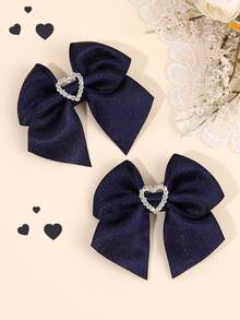 2pcs Navy Blue Hair Bows For Girls Solid Color Hair Bow Clips Ribbon Heart Shape Rhinestone Decor Bow Hair Clips Elegant Fashion Hairpins Simple Bow Barrettes Girls Hair Accessories For Daily Life - 彩色 - 查看 2