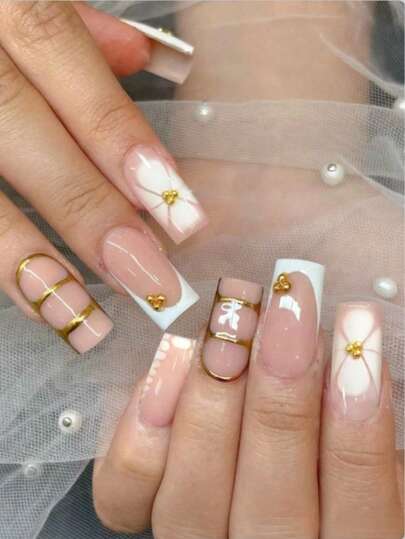 24pcs Rectangular Flower Nail Art Set, Upgrade Your Fashion Style! White French Press-On Nail Kit Includes Steel Ball Design, 1pc Jelly Gel, And 1pc Nail File, Perfectly Fits Your Nails. Easy To Wear, Suitable For Ladies And Girls For Daily Work, Party, And More Occasions.