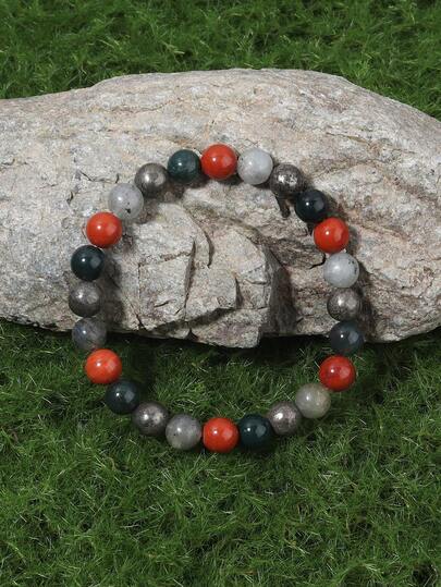 YAUKIA 1pc Natural Stone Beaded Bracelet Pyrite, Labradorite, Red Jasper Meditation Prayer Spiritual Healing Bracelet Handmade Gift For Women And Men