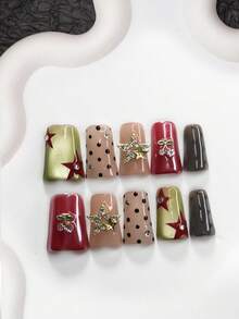 10件套复古坏女孩美甲套装，亚克力按压式美甲贴片，粉嫩粉色，闪亮双星美甲贴纸，黑色波点，手绘不对称红色星星美甲装饰，大胆个性风格，红色、巧克力色、浅绿色指甲油，包含美甲工具，手工按压式美甲贴片 - 彩色 - 查看 10