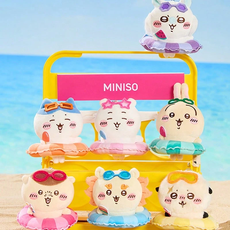 Miniso 1pc Chikara Keko Summer Pool Inflatable Plush Keychain, Yellow Swimming Goggles Checkered Inflatable Design, Pool Party Tag, Soft Faux Fur Material, Portable Cute Decor - Yellowish-white - View 1