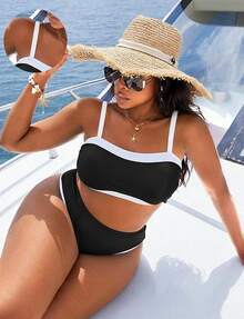 Plus Size Women's Two Pieces Summer Beach Holiday Black And White Color Blocked Suspender Triangle Cup Sexy Elegant Bikini, Suitable For Vacation, Party, Beach Date, Valentine's Day Casual Strapless Swimsuit Set - Black and White - View 4