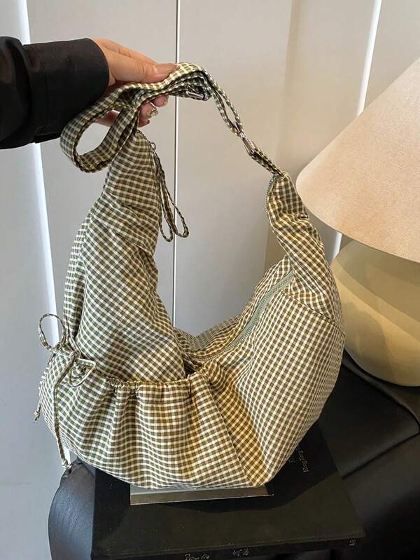 Bolso de hombro de estilo japonés a cuadros, bolso cruzado de moda con pliegues, lazo y cierre de cremallera, bolso plegable de tela en forma de media luna para la escuela/universidad/uso casual