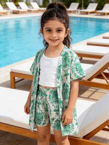 3件套幼儿巴洛克绿色图案套装：短袖开衫+吊带背心+宽松短裤，复古奢华风格，通体提花纹理，透气宽松版型，夏季 - 綠色 - 查看 3