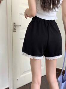 灰色蕾丝边休闲裤，百搭，松紧腰，宽松阔腿，娇小款，适合春夏穿着，黑色 - 黑色 - 查看 6