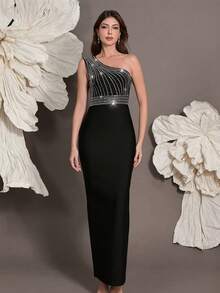 斜肩绷带连衣裙，奢华水钻装饰，性感修身开衩下摆，适合度假、家庭聚会、晚宴、宴会等场合。 - 黑色 - 查看 2