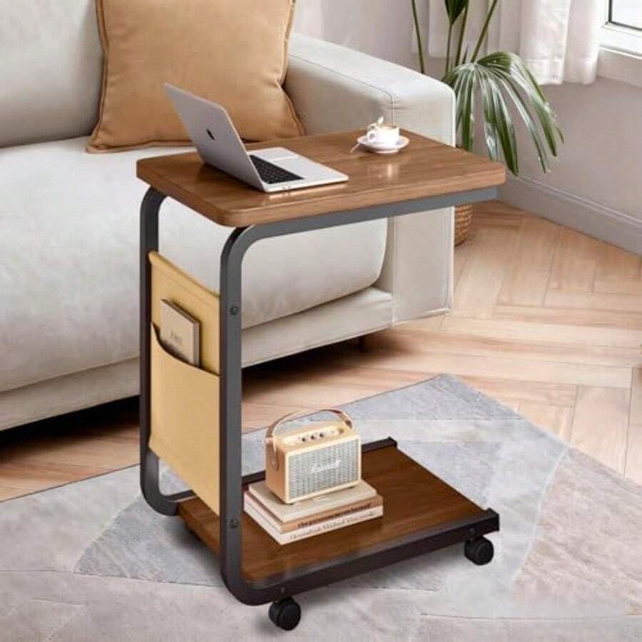 ASDF-Mesa Auxiliar Sala con Ruedas Mesa para Cama de Noche 2 Niveles en Forma de C Mesitas para Sala con Estructura de Metal Dormitorio Trabajar Desde Casa para Estudiar Salón - nogalnegroenmarcado - Ver 1