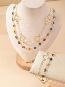 2件套时尚简约金属镂空四叶草和邪眼吊坠项链手链套装，适合少女日常、派对、节日佩戴