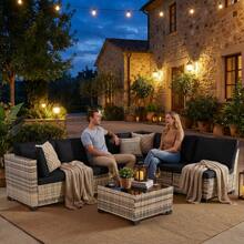 7 Piece Outdoor Rattan Wicker Patio Conversation Sets All Weather With Glass Tables And Cushions, Suitable For Gardens, Terraces, Balconies, Swimming Pools, Courtyards, Etc. - 黑色 - 查看 3