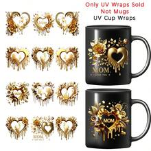 12张/套金色爱心花朵妈妈母亲节设计UV DTF热转印贴纸，卡通图案，耐刮擦3D乙烯基薄膜贴纸，适用于玻璃杯、马克杯、冰箱 - 高品质贴纸，DIY艺术水晶标签，送给妈妈的积极礼物 - 彩色 - 查看 9