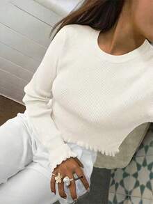 女士夏季优雅假日毕业针织上衣休闲长袖奶油黄荷叶边针织套头衫毛衣白色 - 白色 - 查看 2