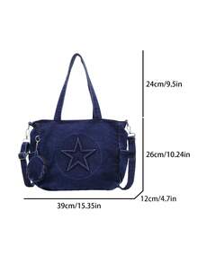 做旧牛仔布面料，复古休闲风格，新款牛仔多功能大容量手提包，女士手提包，立体五角星装饰，可拆卸圆形零钱包带小挂袋，休闲风格，拉链封口，适合日常休闲穿着、上学、轻度通勤、购物、办公、短途旅行和郊游。 - 深色水洗藍 - 查看 4