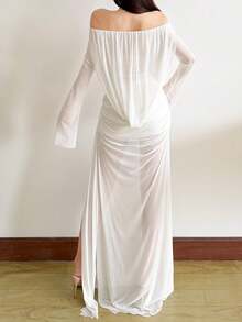 YeonC 纯感风格长袖无肩带连衣裙，透明纯色下摆和开衩缎带下摆针织面料宴会礼服 - 白色 - 查看 2