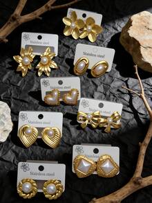 36pcs/24pcs/12pcs Women's Retro Gold Pearl Earrings Set - 14K Women's Faux Pearl Gold-Plated Stud Earrings, Creative Irregular Geometric Earrings, Pearl Heart-Shaped Earrings, Pearl Flower Earrings, Oval Earrings, It Meets Your Needs For Parties, Weddings, Dinners And Daily Wear. It Is The Best Choice - An Elegant Jewelry Set, Fashionable Jewelry - Multicolor - View 2