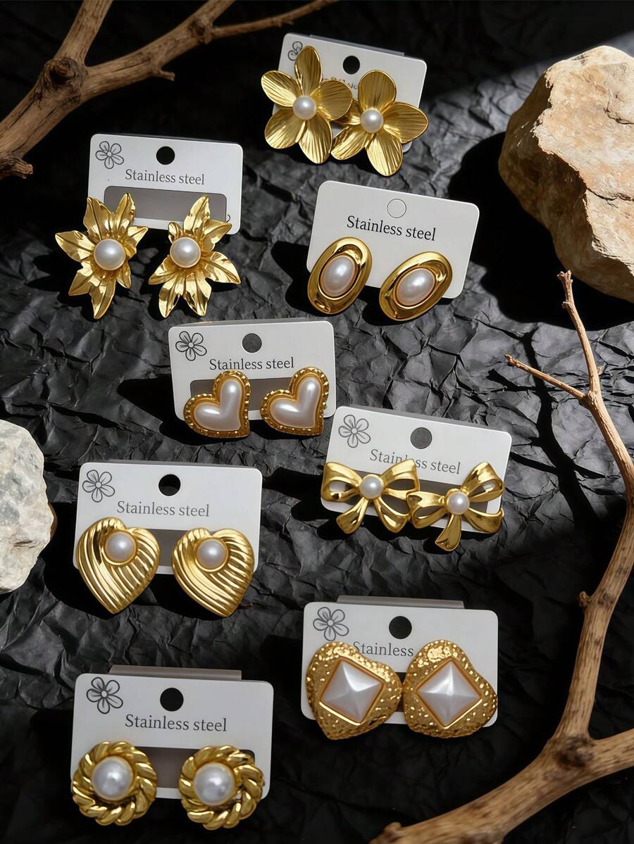 36pcs/24pcs/12pcs Women's Vintage Gold Pearl Earring Set - 14K Gold Plated Faux Pearl Stud Earrings, Creative Asymmetric Geometric Earrings, Pearl Heart Earrings, Pearl Flower Earrings, Oval Earrings, Suitable For Parties, Weddings, Evening Dinners And Daily Wear. It's Your Best Choice - An Elegant And Fashionable Jewelry Set. (Randomly Sent) - Multicolor - View 1