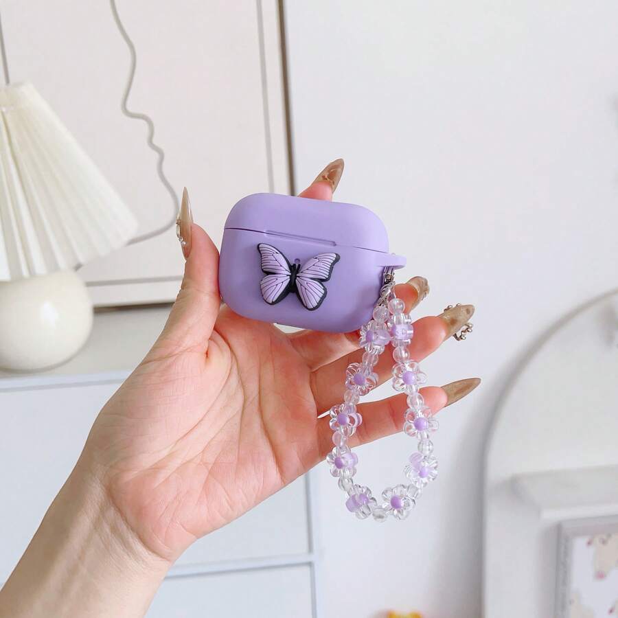 Funda protectora con correa colgante con diseño de mariposa de dibujos animados compatible con auriculares Bluetooth de Apple - Morado - Ver 1
