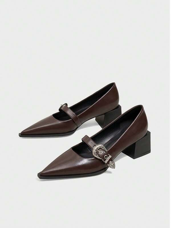 Women's Fashion High Heel Shoes, Women's Black Thick Heel Pointed Toe New Korean Version French Buckle Leather Shoes, Retro Commuting Loafers