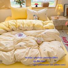 Bộ ga trải giường 4 món, bộ ga trải giường kẻ caro màu vàng mù tạt cổ điển, bộ chăn ga gối bằng polyester mềm mại, thoáng khí, thoải mái, trang trí phòng ngủ phong cách Hàn Quốc nhẹ nhàng, với họa tiết nơ và trái tim, phù hợp cho mọi mùa, ngày Valentine, tháng Ramadan, bao gồm 1 vỏ chăn (không kèm ruột chăn), 1 ga trải giường, 2 vỏ gối (không kèm ruột chăn) - Nơ chanh - Xem 2