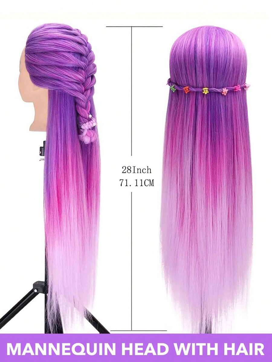 28-Inch Multi-Color Synthetic Hair Mannequin Head With Free Clips And Braiding Set, Suitable For Hair Styling Practice, Beauty Salon, Durable And Easy To Maintain - Multicolor - View 1