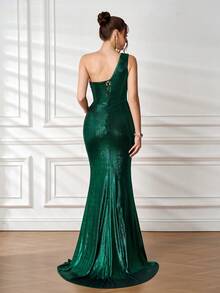 斜肩收腰奢华派对晚礼服，弹力修身显瘦长款串珠设计迷人紧身鸡尾酒礼服 - 綠色 - 查看 2