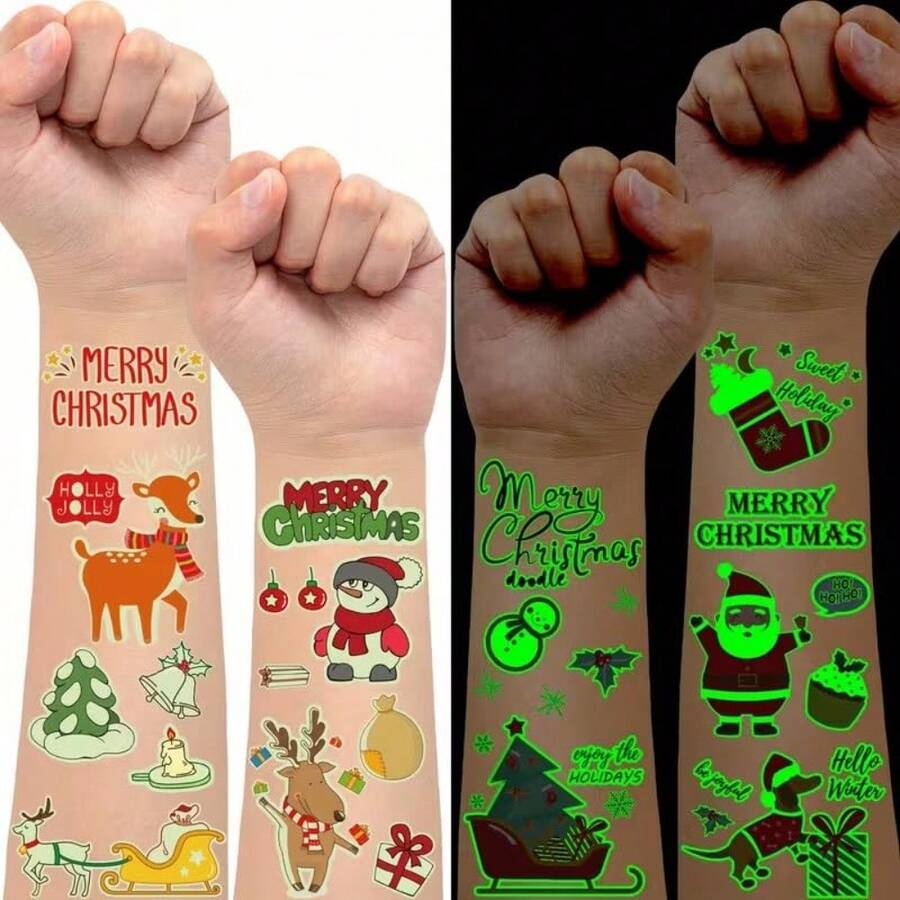 CYPN10 Hojas Tatuajes Navideños Luminosos para Rellenar Medias Navideñas de Niños Pegatinas de Tatuajes Temporales Luminosos para Decoraciones de Fiestas Navideñas Suministros de RegaloFashion - Multicolor - Ver 1