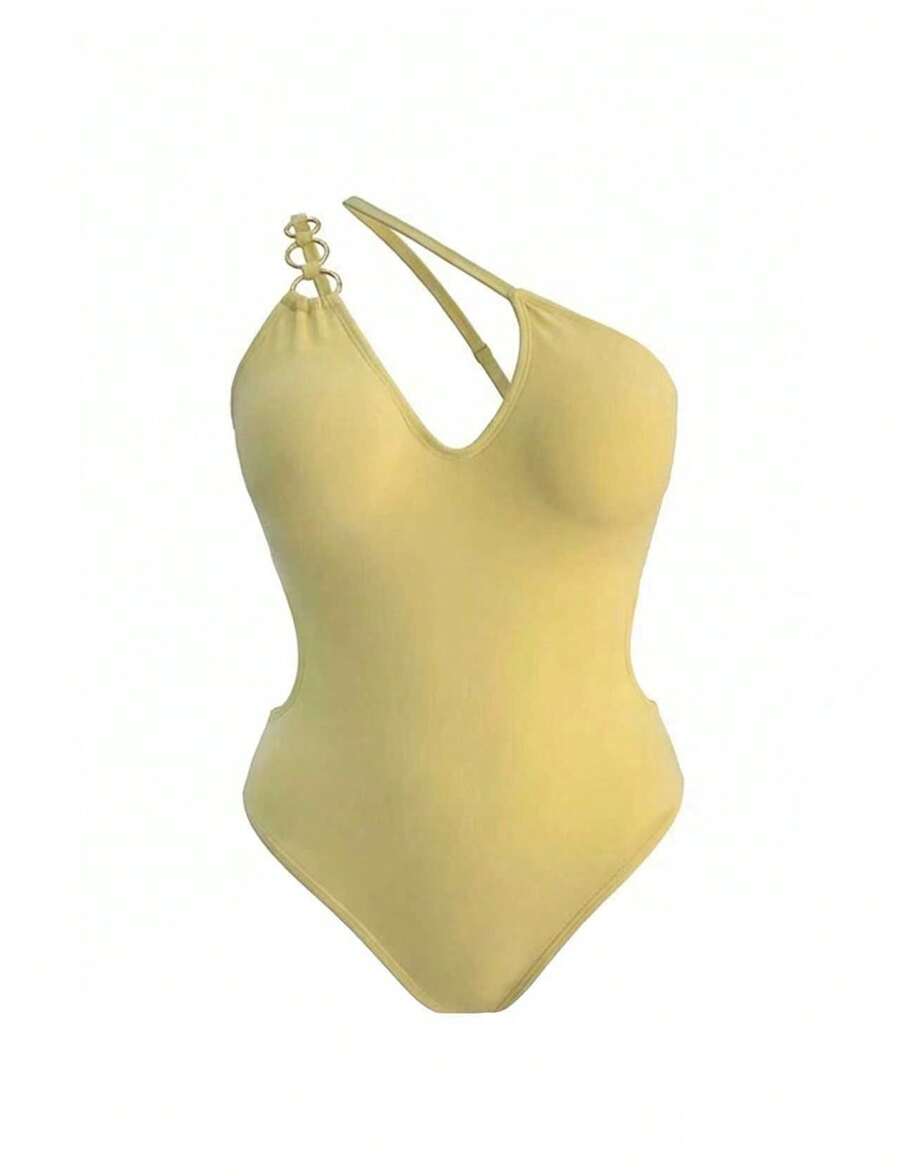 大码女式夏季新款纯色黄色针织斜领连体泳衣，波西米亚休闲腰侧镂空连体泳衣，海滩度假风，情人节